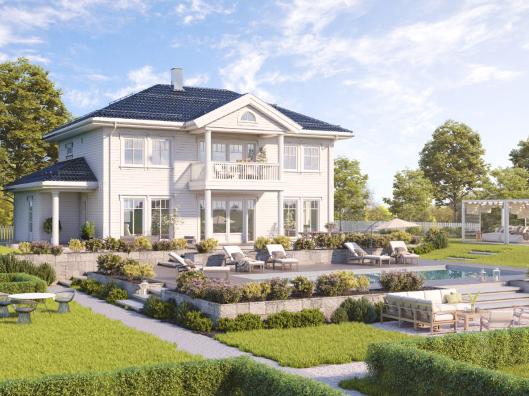 en 3d-gjengivelse av et hus med basseng.