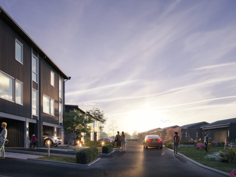 en kunstners gjengivelse av et boligområde.