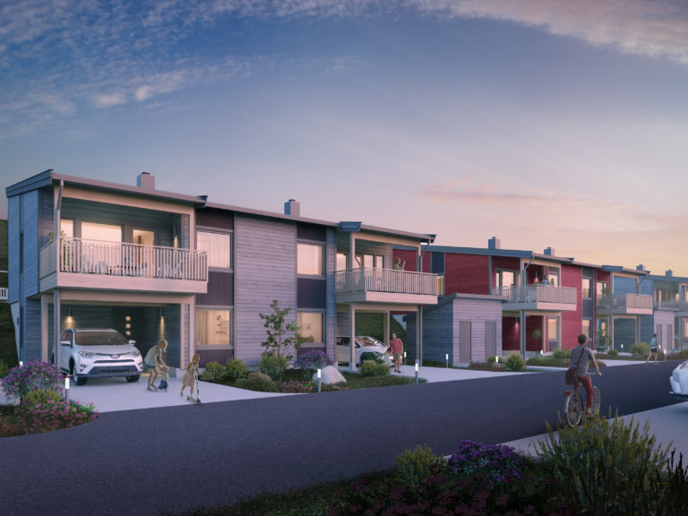 en kunstners gjengivelse av et boligområde i skumringen.