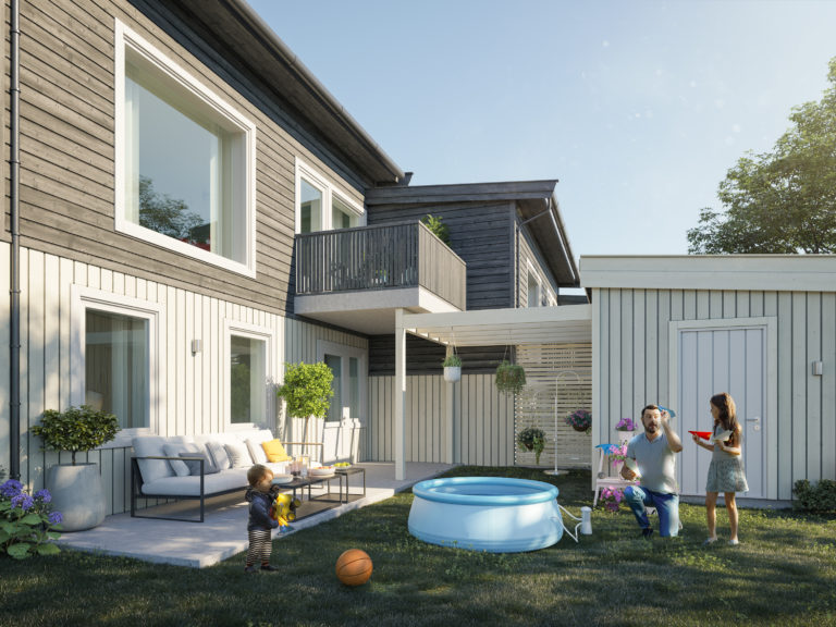 en 3d-gjengivelse av et hus med et svømmebasseng.