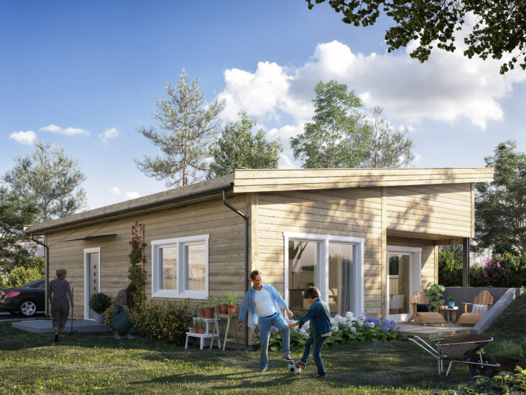 en gjengivelse av et lite hus på landsbygda.