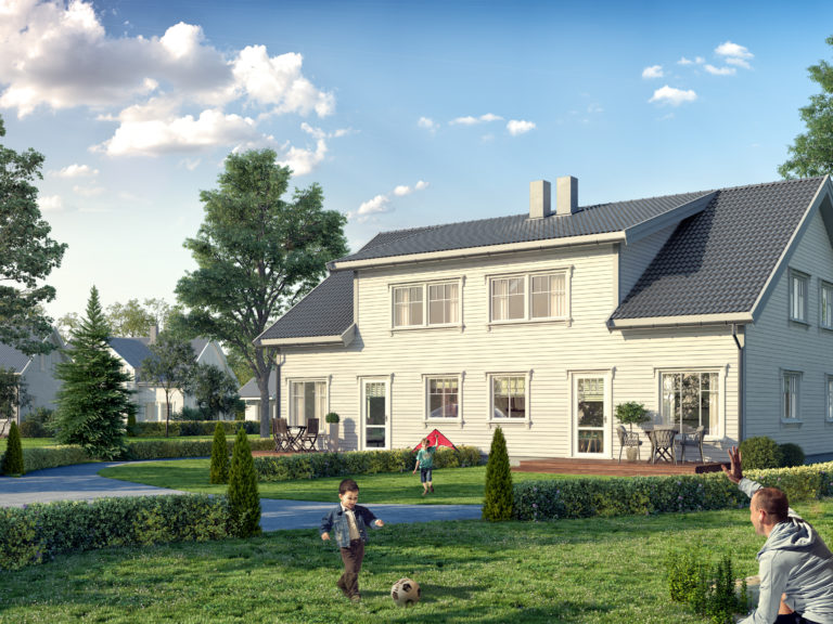 en gjengivelse av et hus med en hund på gården.