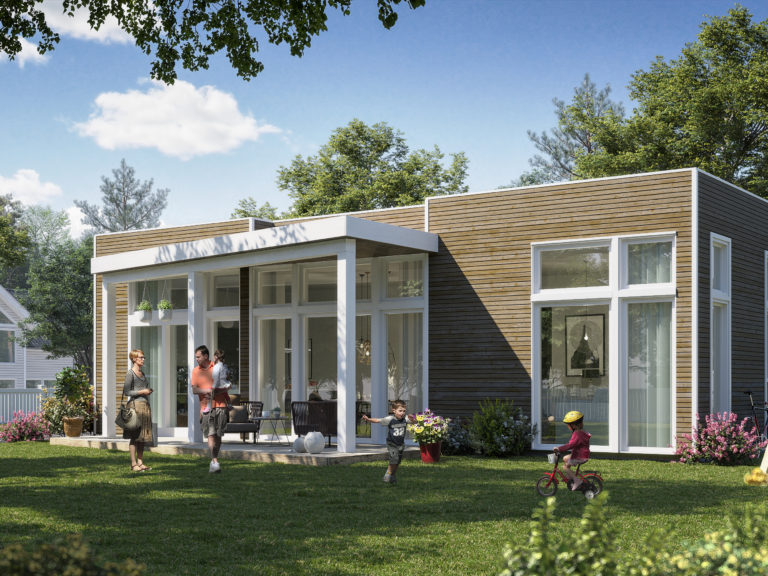 en gjengivelse av et lite hus på gården.