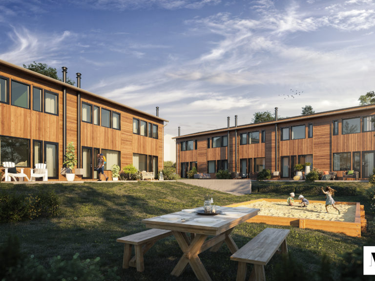 en gjengivelse av et hus med svømmebasseng.