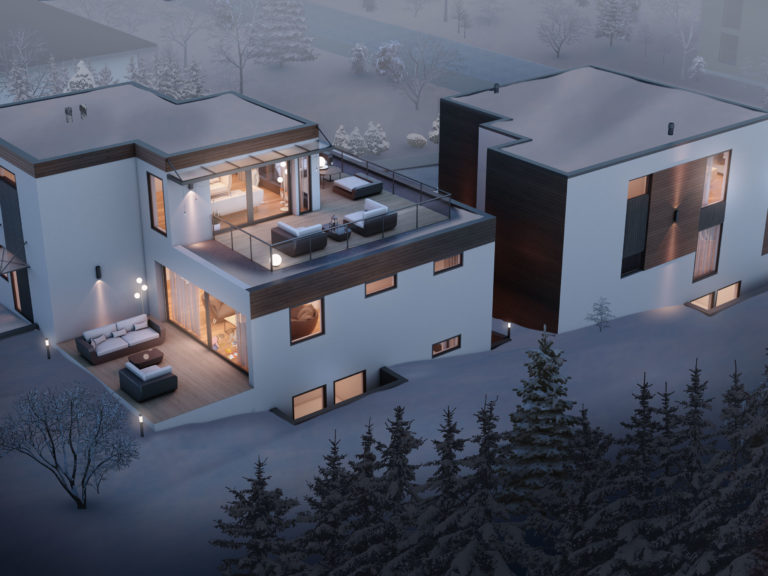 en 3d-gjengivelse av et moderne hus i snøen.
