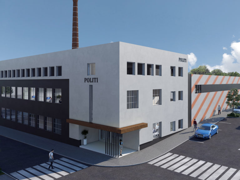 en gjengivelse av en bygning med en bil parkert foran.