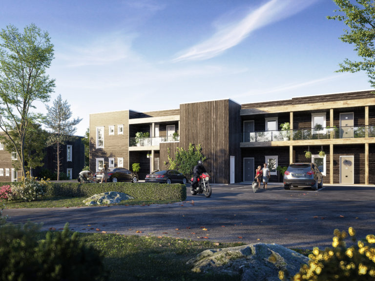 en gjengivelse av et leilighetskompleks med biler parkert foran.