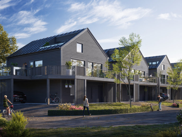 en kunstners gjengivelse av en husrekke med balkonger.