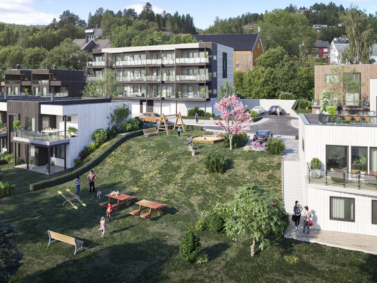 en kunstners gjengivelse av et leilighetskompleks i en åsside.