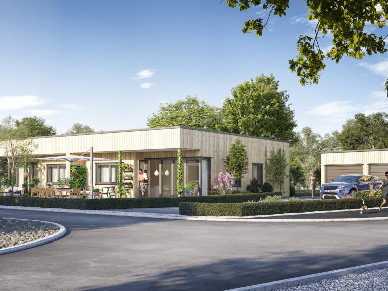 en gjengivelse av et hus med en bil parkert foran.