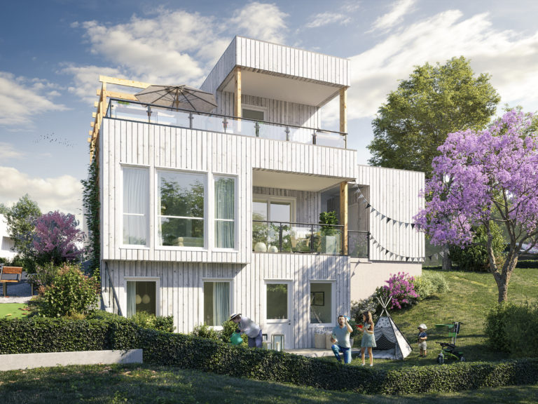 en 3d-gjengivelse av et hus i en åsside.