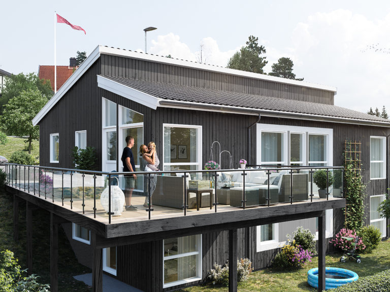et svart hus med balkong.