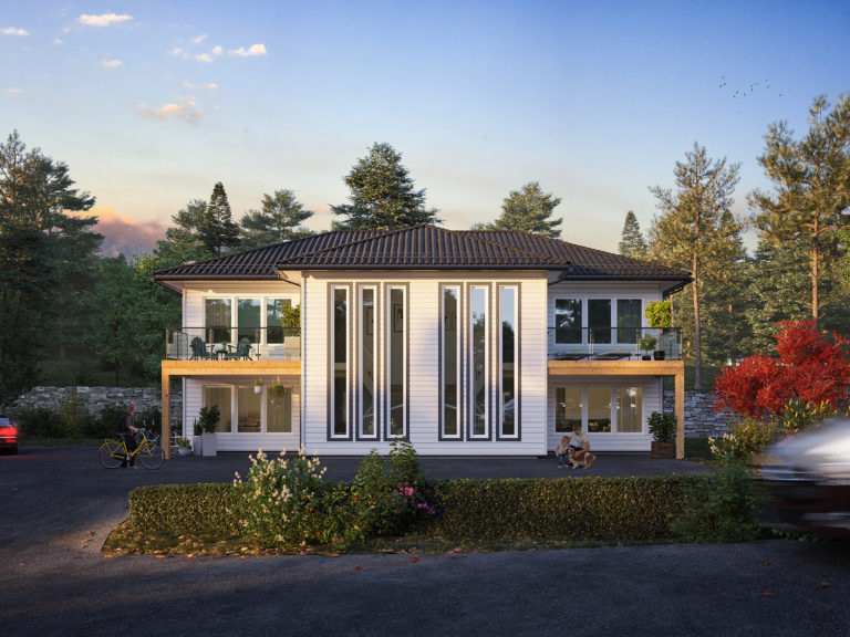 en 3d-gjengivelse av et hus med en bil foran seg.