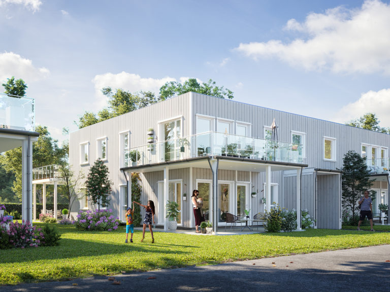 en 3d-gjengivelse av et moderne hus.
