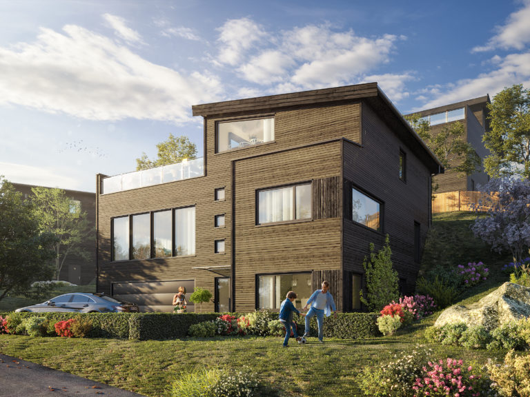 en 3d-gjengivelse av et hus i en åsside.