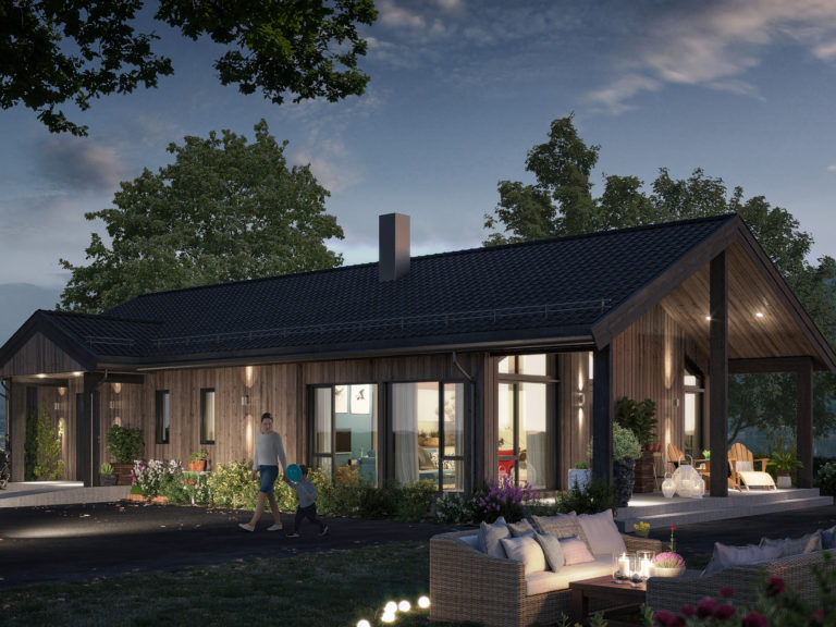 en 3d-gjengivelse av en hytte om natten.