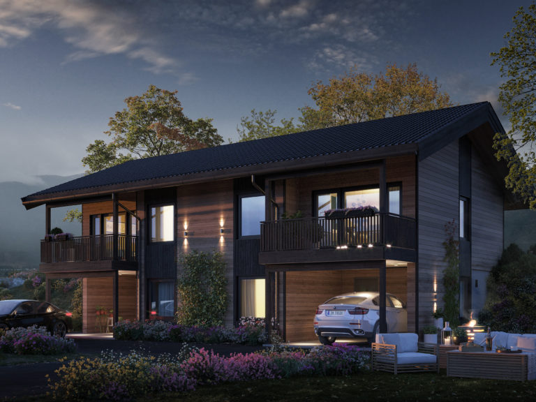 en 3d-gjengivelse av et hus i fjellet.