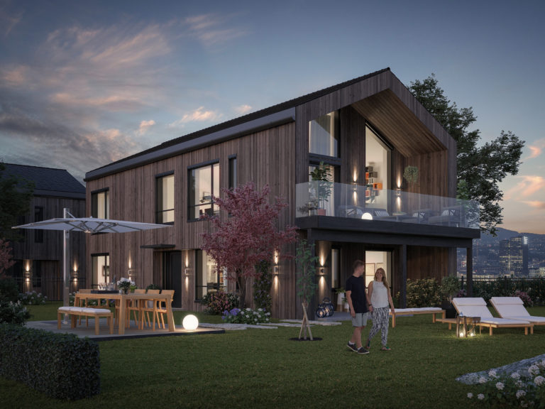 en 3d-gjengivelse av et hus i skumringen.