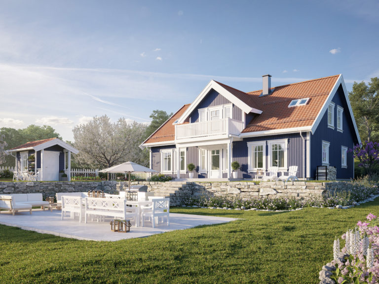 et blått hus på en grønn plen.