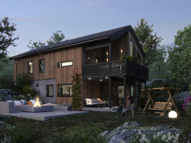 en 3d-gjengivelse av et hus i skogen.