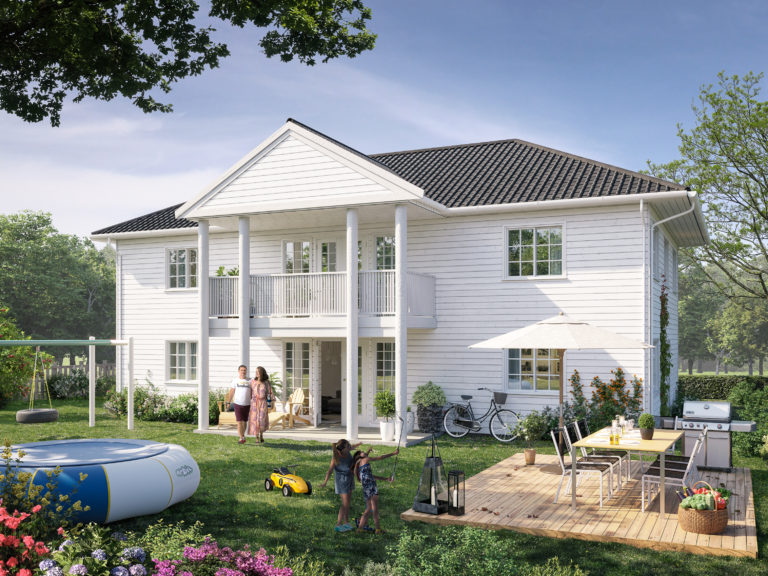 et hvitt hus med svømmebasseng.