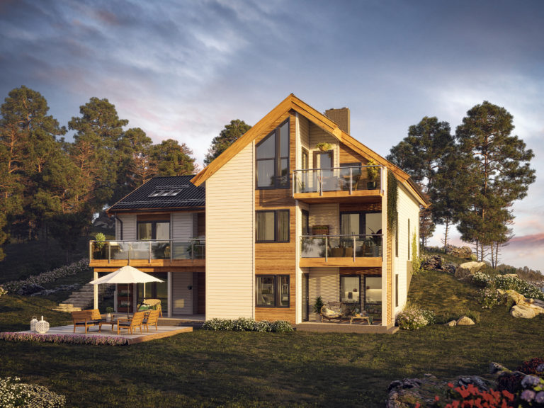 en 3d-gjengivelse av et hus i en åsside.