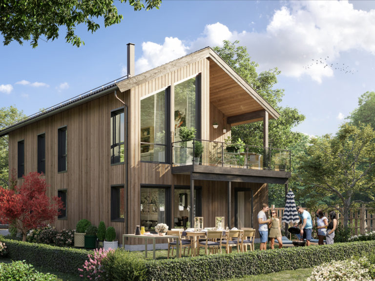 en 3d-gjengivelse av et hus med en kortstokk.