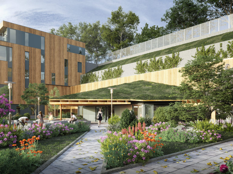 en kunstners gjengivelse av en bygning med grønt tak.