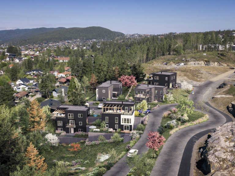 et luftfoto av en boligutvikling i et fjellområde.