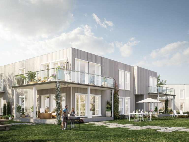 en 3d-gjengivelse av et moderne hus.