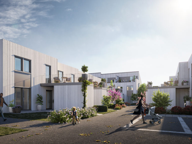 en kunstners gjengivelse av et boligområde.