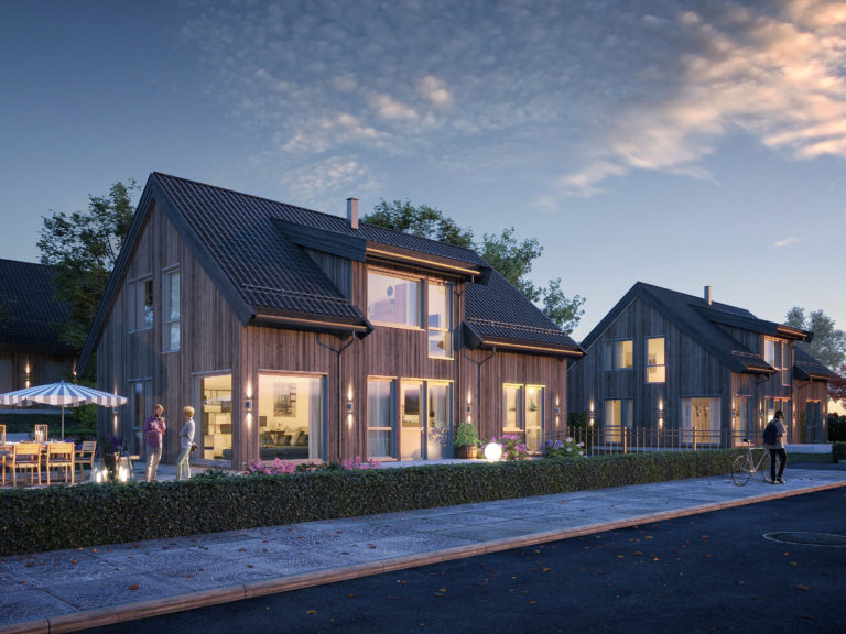 en 3d-gjengivelse av et hus i skumringen.
