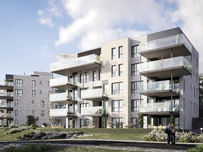 en gjengivelse av en bygård i en åsside.