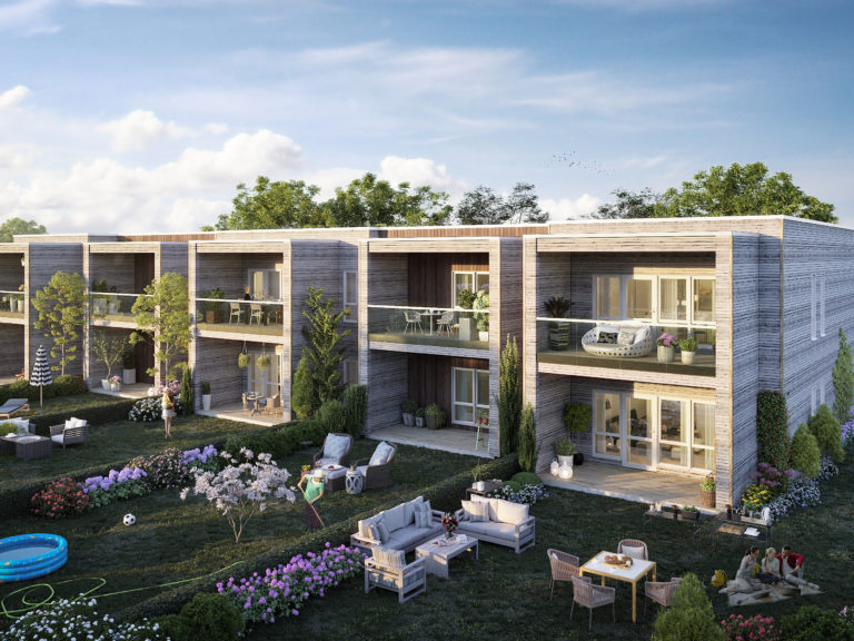 en gjengivelse av et moderne leilighetskompleks.