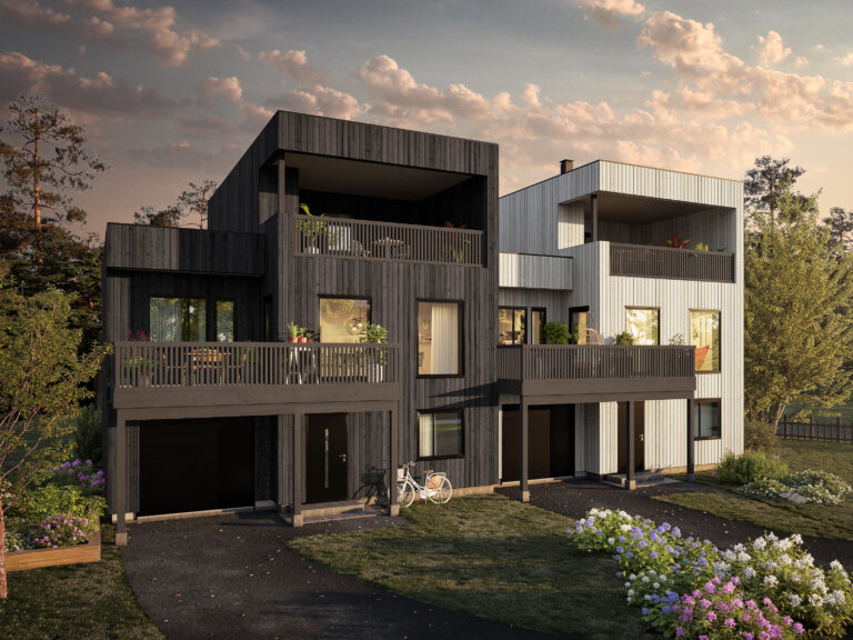 en 3d-gjengivelse av et moderne hus i skumringen.