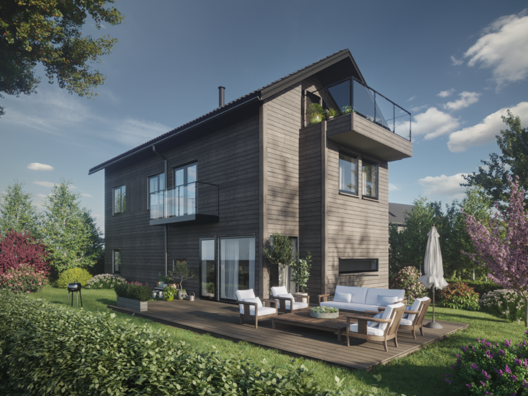 en gjengivelse av et hus med en bil parkert foran.