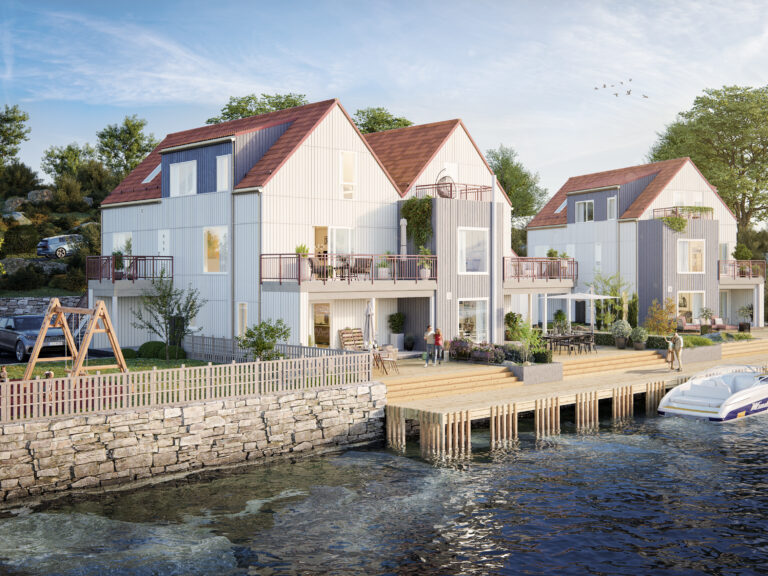 en gjengivelse av en rad med hus på vannet.