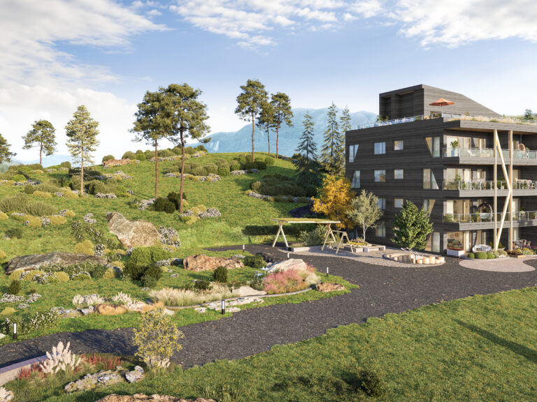 en 3d-gjengivelse av et hus i fjellet.