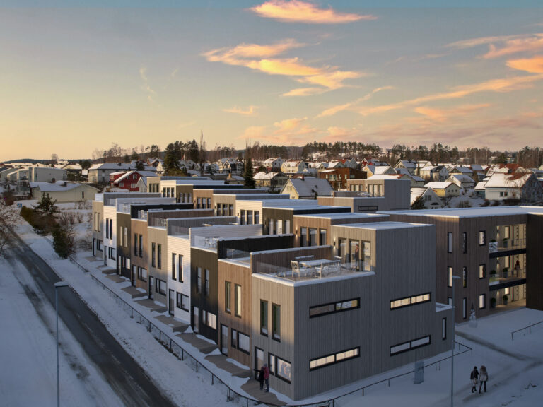 en kunstners gjengivelse av en bygård i snøen.