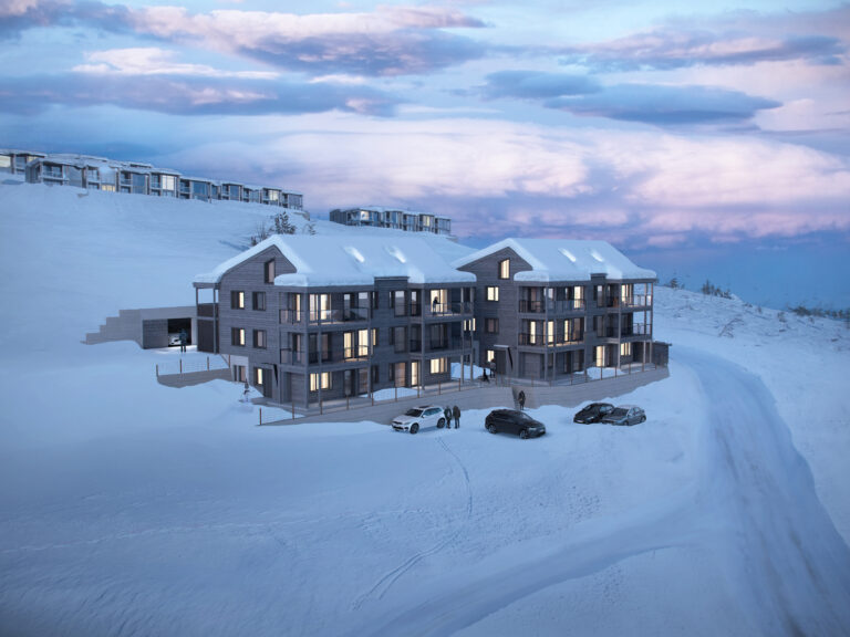 en 3d-gjengivelse av en bygård i en snødekt skråning.