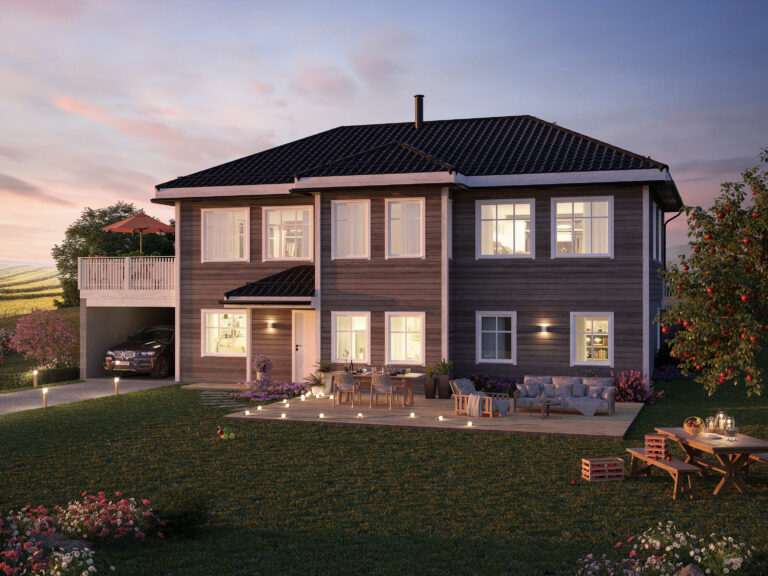 3D-gjengivelse av et hus i skumringen.