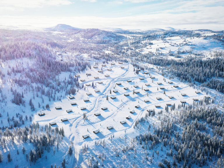 en luftfoto av et skianlegg i fjellet.
