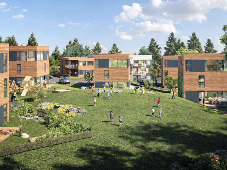 en gjengivelse av et leilighetskompleks med folk som leker i gresset.