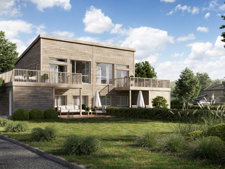 en 3d-gjengivelse av et hus på landsbygda.