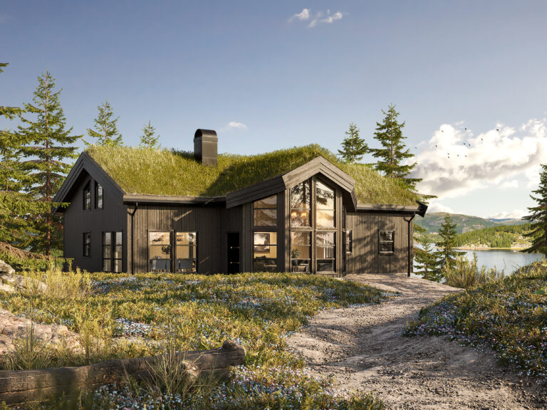 et svart hus med grønt tak.