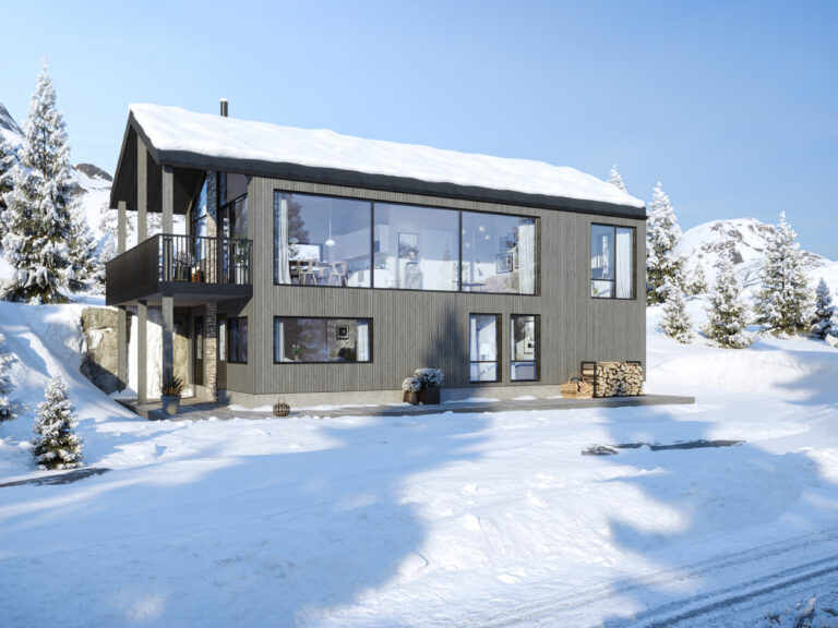 en 3d-gjengivelse av en hytte i snøen.