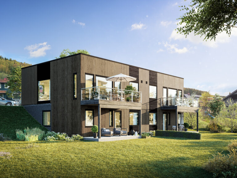 en gjengivelse av et moderne hus i en åsside.