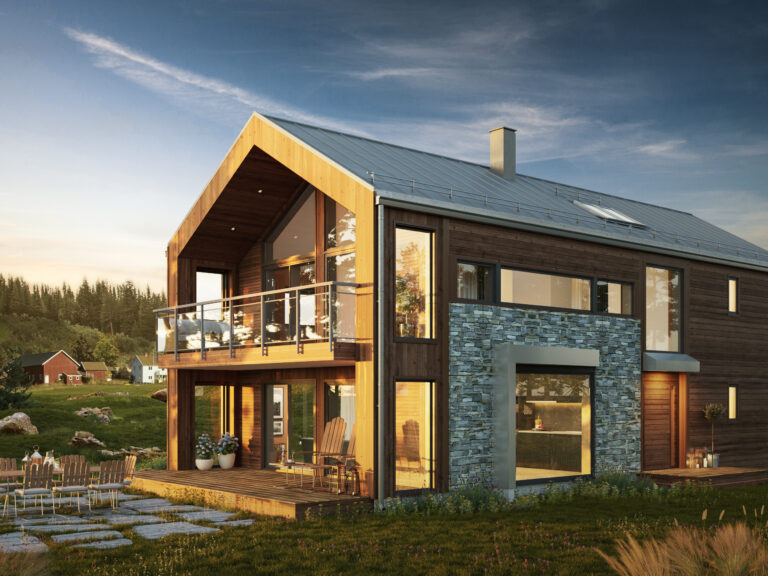 en 3d-gjengivelse av et hus på landsbygda.