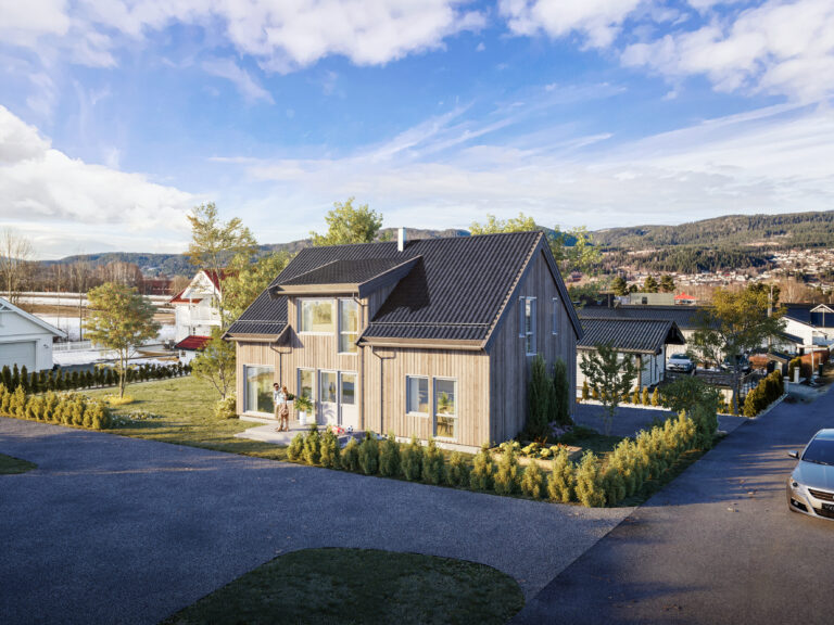 en gjengivelse av et hus med en bil parkert foran.