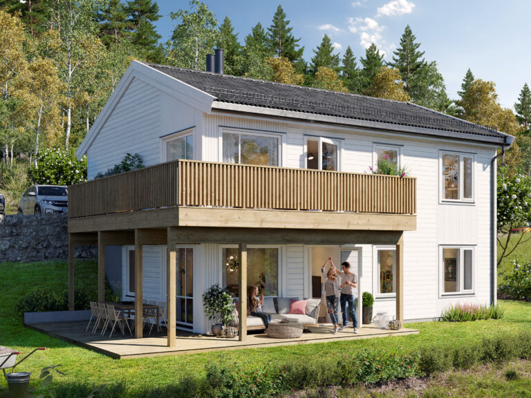 et hvitt hus med balkong.